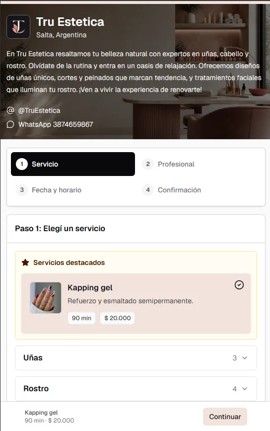 Pantalla de TruTurno: 1. Elegí un servicio